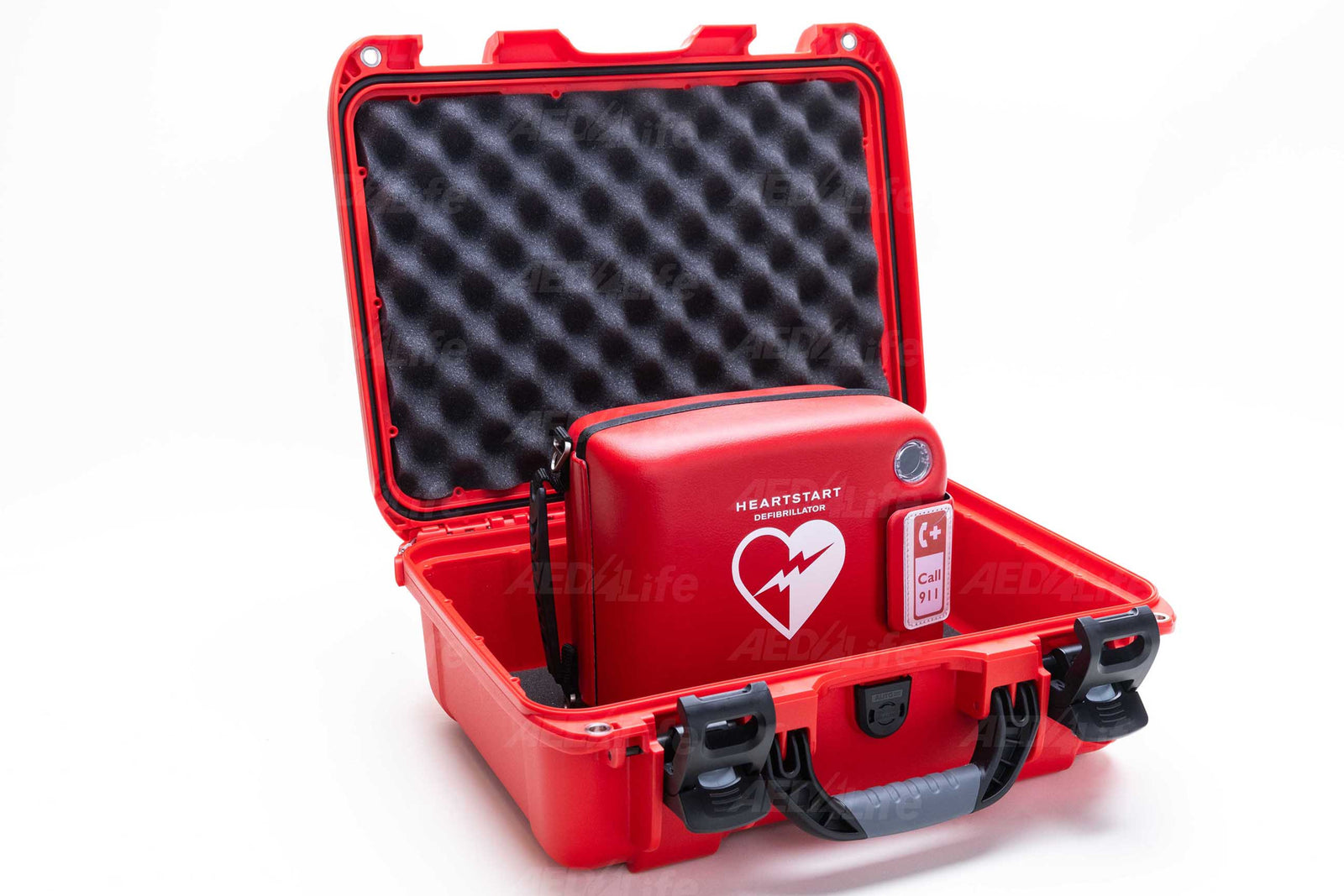 A Philips FRX Grab & Go AED Bundle by The AED Shop, featuring a red automated external defibrillator in an open red carrying case with a foam-lined lid.