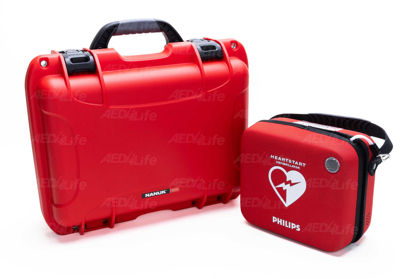 The Philips FRX Grab & Go AED Bundle by The AED Shop includes a red hard case next to a red HeartStart FRx defibrillator bag with a heart and lightning bolt icon.