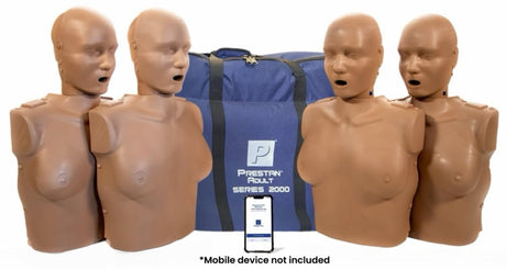 Four PRESTAN Professional Adult Female Series 2000 manikins from The AED Shop are arranged around a blue medical bag and a smartphone, ready to connect with the Bluetooth app for instant CPR feedback.