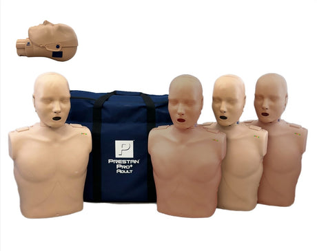 The Prestan PRO+ Adult Manikin 4 Pack by Prestan includes four CPR manikins equipped with rate monitors and adult lung-bags, seamlessly fitting into their carry bag. An extra manikin head is also provided, all set against a plain background.
