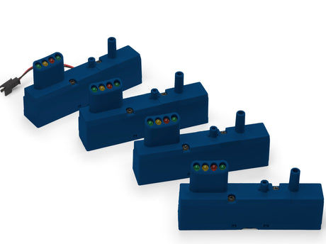 Five blue linear actuator motors with wires are neatly arranged on a white background, resembling the precision and reliability of a Prestan Adult Manikin Monitor 4-pack, used in CPR training to enhance student performance.