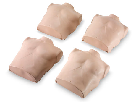 Four Prestan Professional Adult Manikins with medium skin are arranged on a white background, highlighting their realistic features for effective CPR training. These manikins are perfect for practice and can be paired with Torso Skin Replacements for Prestan Adult Manikin (4-pack) to enhance their longevity and effectiveness in training scenarios.