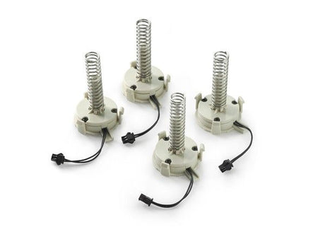 A set of Prestan's Child Manikin Clicker Assemblies (4-pack), featuring four white spring-loaded electrical clickers with attached wires on a white background, highlights the precision engineering inherent in a child manikin's intricate design.