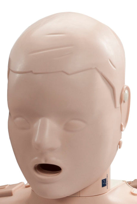 The Head Assembly for the Prestan Child Manikin, made by Prestan, includes an open mouth and streamlined facial details that connect smoothly with the torso assembly to enhance CPR training.