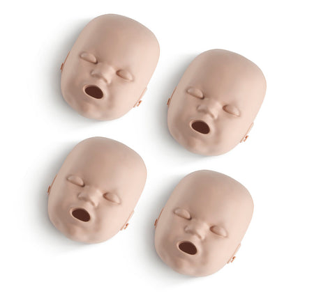 Four Prestan face skin replacements for professional infant manikins, each featuring an open mouth design, are arranged on a white background.