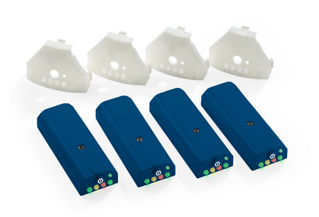 Four blue packs with colored dots and four white covers, resembling Prestan's Monitors for Infant Manikins (4-pack), are neatly arranged on a pristine white background.