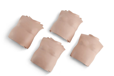 A set of four Torso Skin Replacements for Prestan Infant Manikins is displayed on a white background, emphasizing their detailed design similar to lifelike silicone models.