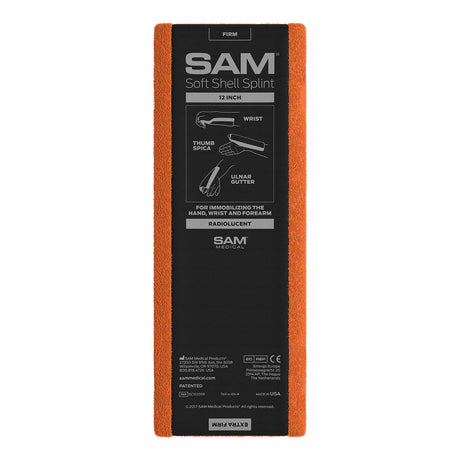 The SAM Medical Soft Shell Splint, measuring 12 inches and utilizing the C-Curveâ„¢ Principle and moldable aluminum, is specifically designed for firm immobilization of sprains in the hand, wrist, and forearm.