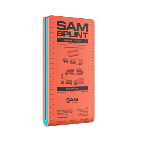 A folded 36-inch SAM Splint Civilian from SAM Medical, featuring moldable aluminum, blue edges, and illustrated instructions for emergency care on its surface.