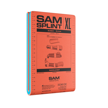 The SAM Medical Splint Civilian 36 Inch XL Flatfold packaging features usage illustrations and measurements, emphasizing its function in emergency care with a flexible splint design.