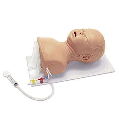 The AED Shop's Advanced Infant Intubation Head showcases innovative skin technology and includes a syringe and tubing set against a white surface, providing a realistic simulation perfect for pediatric airway training.