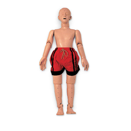 A Child CPR Water Rescue Manikin by Simulaids, designed with a rust-resistant stainless steel skeleton and durable vinyl plastic, is displayed wearing red shorts while standing with its arms at its sides against a plain white background.