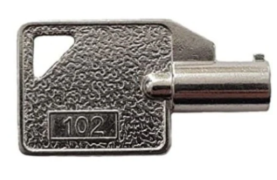 A metal key with the number "102" engraved on it. The Key 102 from AED Shop has a rectangular shape and a textured surface.
