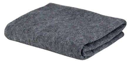 An Emergency Blanket by AED Shop, featuring multipurpose gray wool for optimal insulation, set against a pristine white background.