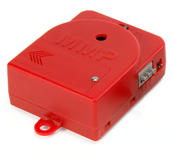 AED Shop's Key 102 electronic device features a rectangular shape, a small circular opening, and wire connectors on the side.