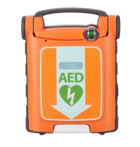 The Encore Series Cardiac Science G5 BILINGUAL AED (Recertified), an orange device marked with a heart and lightning symbol, features the "Rescue Ready" button on top and incorporates RescueCoach instructions for efficient guidance in emergencies.