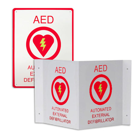 The AED Sign Package from AED Shop includes essential emergency signage for public spaces, featuring white signs with a red heart and a yellow lightning bolt, labeled "Automated External Defibrillator.