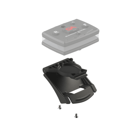 An exploded view of the Guardian Angel Elite Series Strap & Epaulet Clip Mount assembly reveals its black plastic design, accompanied by screws, a transparent top component, and a neodymium magnet for secure attachment.