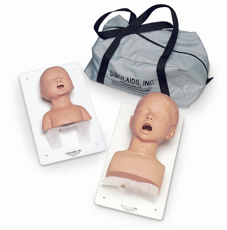 The Airway Management Trainer INFANT by Simulaids, including infant intubation simulators and pediatric CPR training manikins, comes with a gray carrying bag, providing comprehensive tools for essential lifesaving skills.