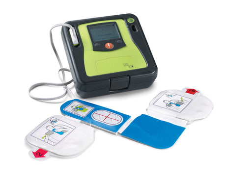 The ZOLL AED Pro by ZOLL is an advanced automated external defibrillator that comes with open electrode pads and is tailored for professional rescuers, featuring straightforward placement instructions.