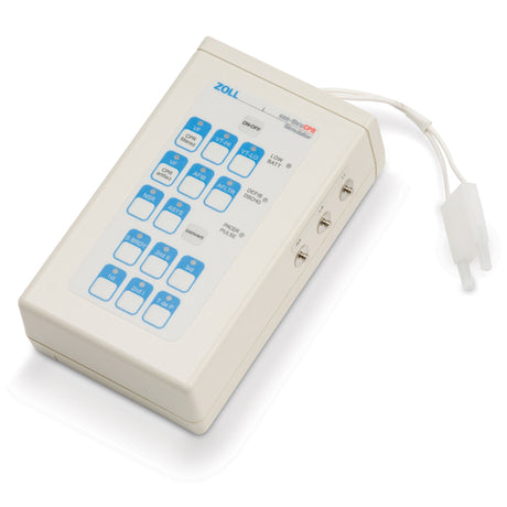 Image of a ZOLL SeeThru CPR Simulator for E Series, R Series, and AED Pro with a white case and blue buttons on the front panel, ideal for use alongside the ZOLL AED Pro.
