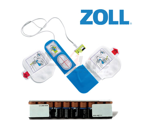 Portable ZOLL AED Plus Refresh Pack by ZOLL, featuring electrodes connected to a Type 123 Lithium battery pack and CPR-D•padz, displayed on a white background.