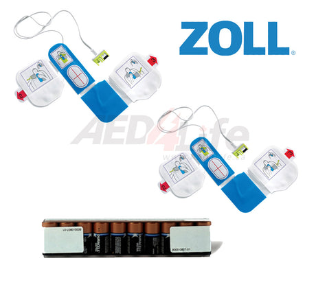 The ZOLL AED Plus Refresh Pack - Premium includes CPR-D•padz™ and a Type 123 Lithium battery pack, all featuring the ZOLL logo.
