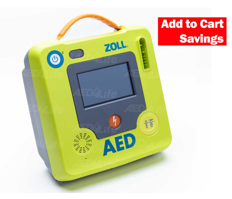 The ZOLL AED 3, a yellow AED device with a screen, provides real-time CPR feedback; a red "Add to Cart Savings" box is visible in the upper right corner.