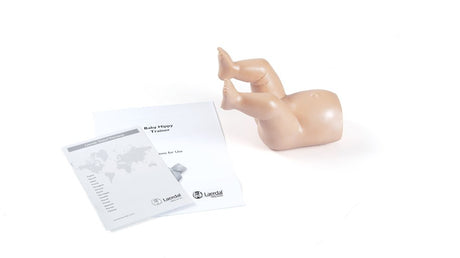 The Baby Hippy by Laerdal, featuring two instruction booklets on the Ortolani Jerk-Sign and Barlow Maneuver against a white background, is ideal for comprehending newborn female hip assessments.