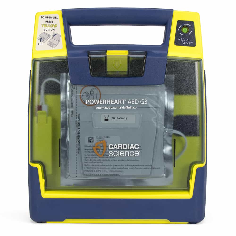 Yellow and blue Cardiac Science G3 AED Defibrillation Pads, featuring a portable design and Rescue Ready technology with a transparent cover.