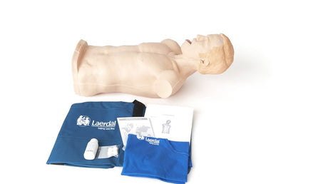 The Laerdal Choking Charlie lifelike torso manikin comes with instructional materials and accessories, featured on a white background.