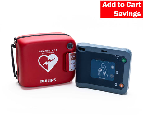 Philips HeartStart FRx Defibrillator - Ready Pack by Philips, includes red case and “Add to Cart Savings” in a red box.