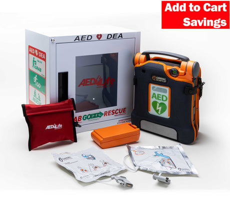 Cardiac Science G5 BILINGUAL AED - Complete Package includes case, pads, cabinet, and “Add to Cart Savings” sign—features Rescue Ready technology for reliable cardiac arrest response. Brand: Cardiac Science.