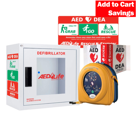 HeartSine Samaritan 360P - Complete Package by HeartSine includes an AED cabinet, portable defibrillator bag, instructions, and bold red "Add to Cart Savings" text at the top.