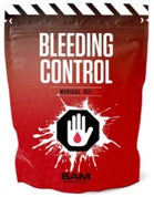 AED Shop's Bleeding Kit (Non-Vacuum Packed) includes a red bleeding control bag with a stop sign hand symbol and a white droplet, ideal for keeping your Sam XT Extremity Tourniquet or emergency bandage neatly organized.
