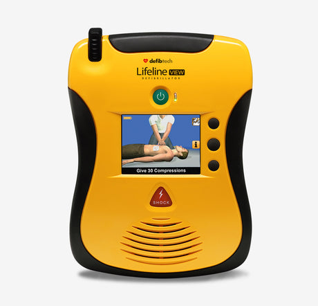 A Defibtech Lifeline VIEW AED in yellow featuring a screen that displays CPR videos and instructions.