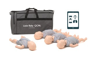 The Little Baby QCPR 4-pack by Laerdal includes four mannequins dressed in striped outfits, along with a large carrying bag and a CPR app on a tablet, providing objective feedback for effective training.