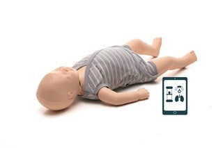 A Laerdal Little Baby QCPR mannequin dressed in a gray-striped outfit is positioned next to an illustrated tablet showing CPR training icons.