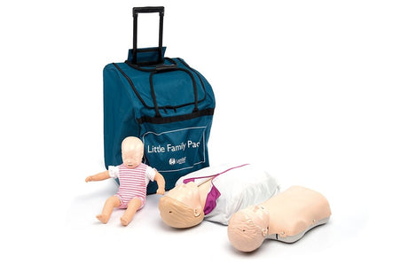 The Little Family QCPR by Laerdal comes with adult, child, and infant mannequins tailored for age-specific CPR training, all neatly packed in a blue carry bag.