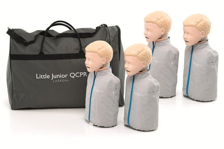A 4-pack of Little Junior QCPR manikins from Laerdal, featuring QCPR feedback technology and a carrying bag, are displayed on a white background.