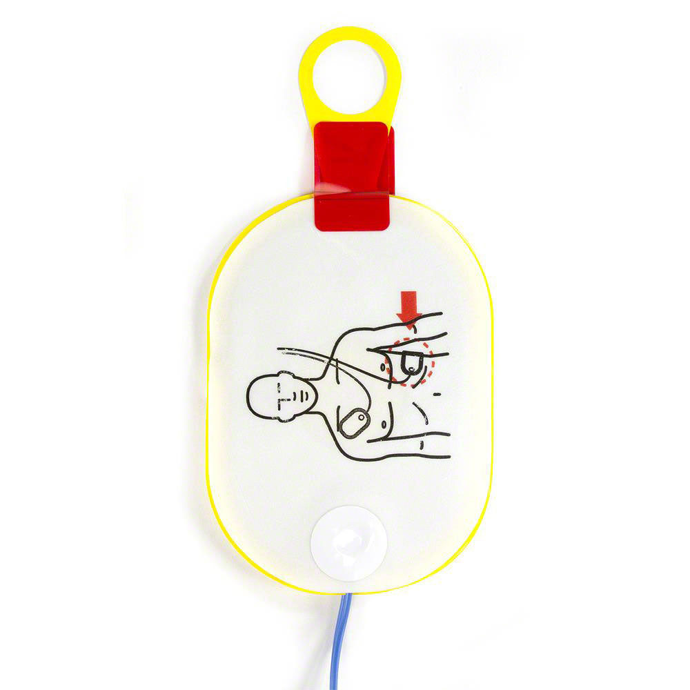 Philips OnSite Adult SMART Pads Cartridge featuring an illustration showing placement on an adult's chest for proper defibrillation, with the Philips OnSite pads installation guide.