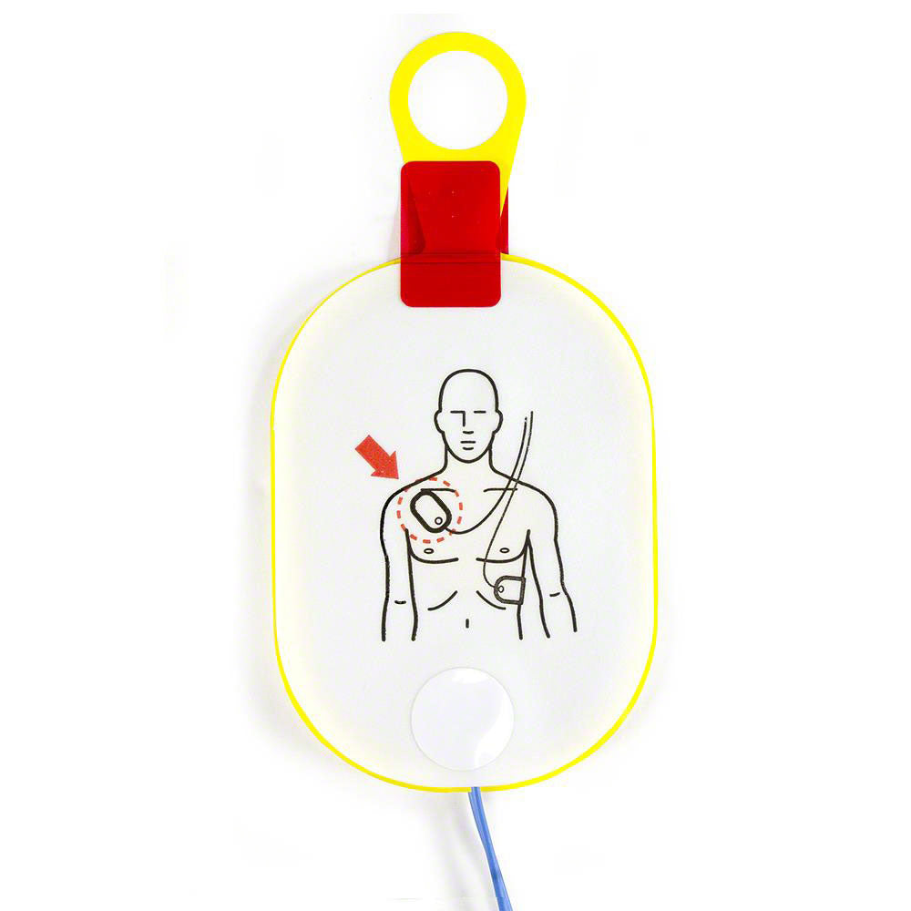 Illustration of a Philips OnSite Adult SMART Pads Cartridge by Philips, showing the correct placement on a person's chest.