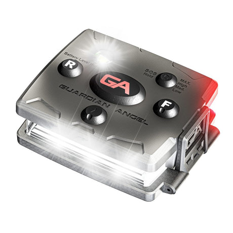 This lightweight, gray Guardian Angel Micro Series device features buttons labeled R, SOS, F and offers high LED visibility. It includes the "Guardian Angel" mark with the GA logo and comes equipped with a rechargeable battery for dependable performance.