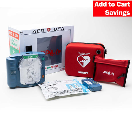 Philips HeartStart OnSite Defibrillator - Complete Package by Philips includes defibrillator, case, battery, pads, and AED wall cabinet. Easy to use in emergencies. Enjoy "Add to Cart Savings" now!.