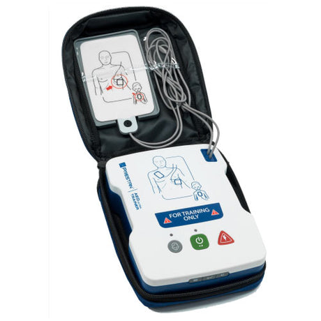 The Prestan AED UltraTrainer, a portable device from the Prestan brand, comes in a black case with labeled instructions for use and is marked "For Training Only." It offers a realistic training experience that aligns with AHA guideline changes.