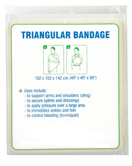 The packaging for the AED Shop Triangular Bandage, Non-Compressed, Pkg of 10 displays its dimensions and versatile uses, such as supporting arms, controlling bleeding, and functioning as a 100% cotton sling or tourniquet.