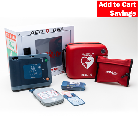 Philips HeartStart FRx Defibrillator - Complete Package includes AED, case, pads, and accessories; features CPR coaching. Enjoy "Add to Cart Savings." Compatible with Philips devices.