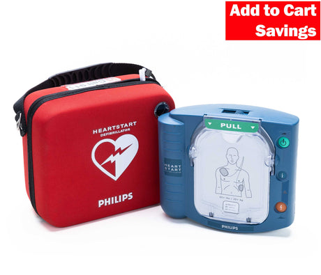 Philips HeartStart OnSite Defibrillator by Philips with red carrying case and "Add to Cart Savings" banner in the top right.