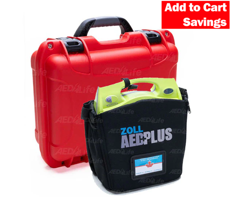 The ZOLL AED Plus Workplace Safety Bundle by ZOLL features a defibrillator with a black case and a hard red carrying case—ideal for construction sites or workplace safety. “Add to Cart Savings” available.
