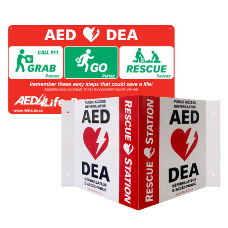 The RescueStation AED Sign Package features a red and white 3D station sign with instructions: Grab, Go, Rescue. Quickly locate this essential device to be a crucial link in the chain of survival.